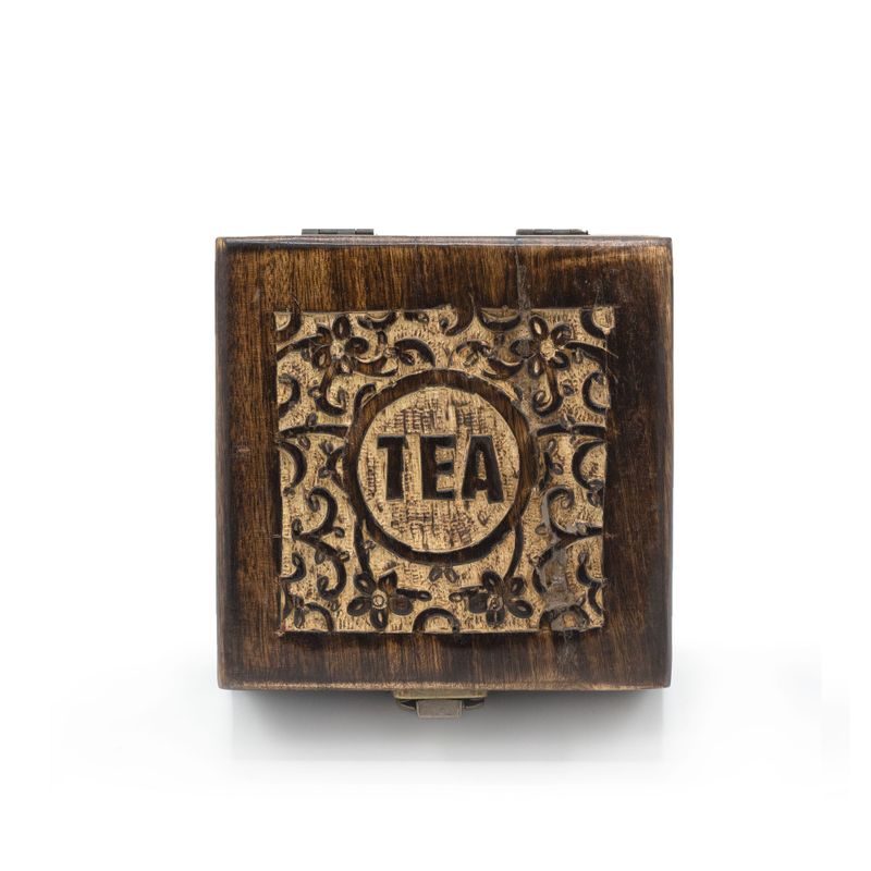 Teebox mit Mangoschnitzerei (4 Fächer) – 15 x 15 x 8 cm