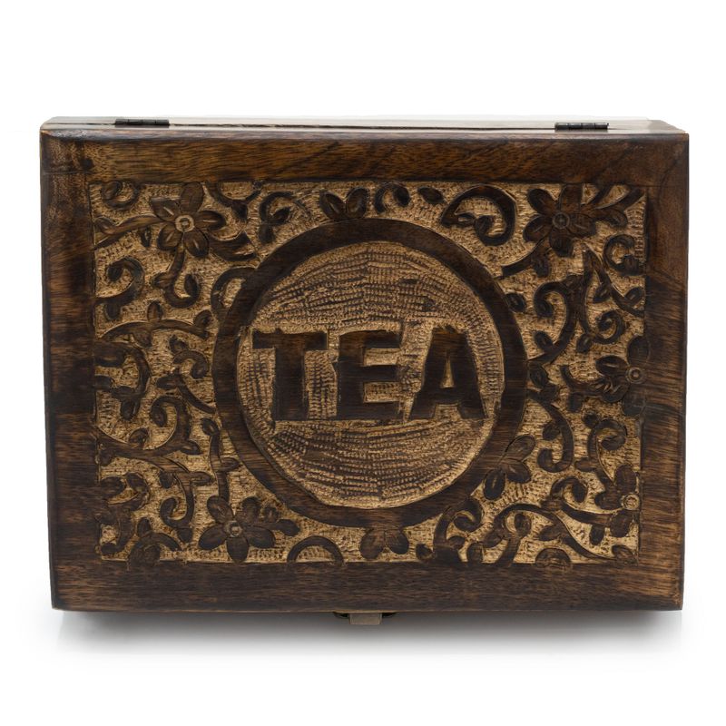 Teebox mit geschnitztem Mangoholz - (12 Fächer) 30x23x10cm
