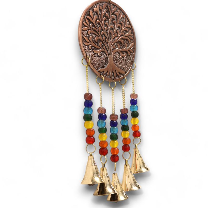 Indisches Glockenspiel - Medaillon Lebensbaum - Chakraperlen 5 Glöckchen - 10x36cm