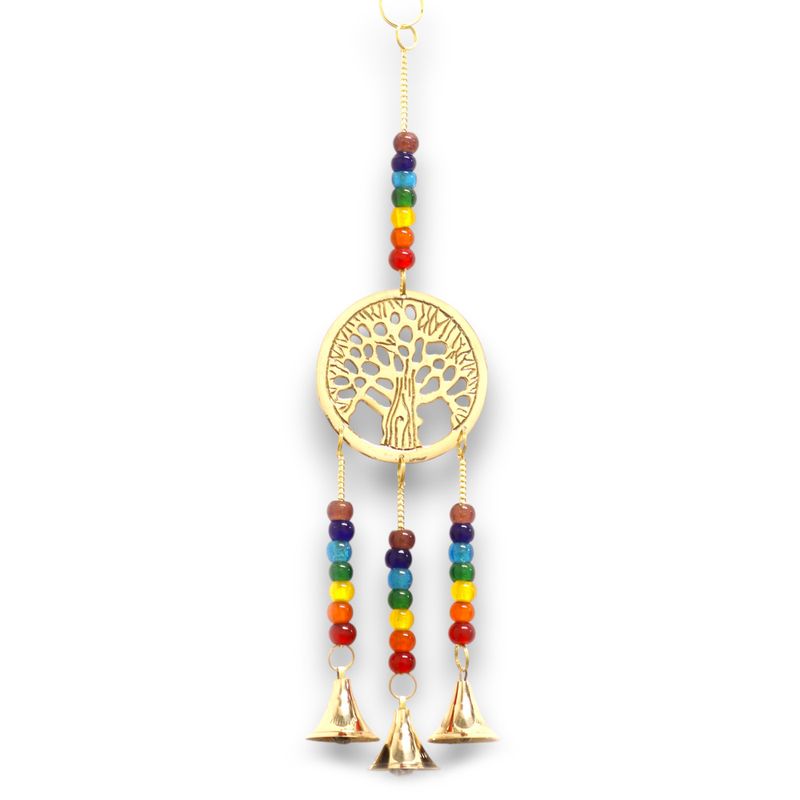 Indisches Glockenspiel - Lebensbaum aus Messing mit Chakra-Perlen - 3 Glocken - 6,5 x 31 cm