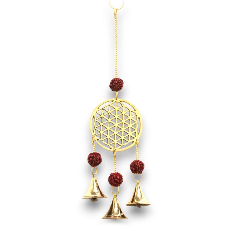 Indisches Glockenspiel - Blume des Lebens aus Messing mit Rudraksha-Perlen - 3 Glocken - 6 x 27 cm
