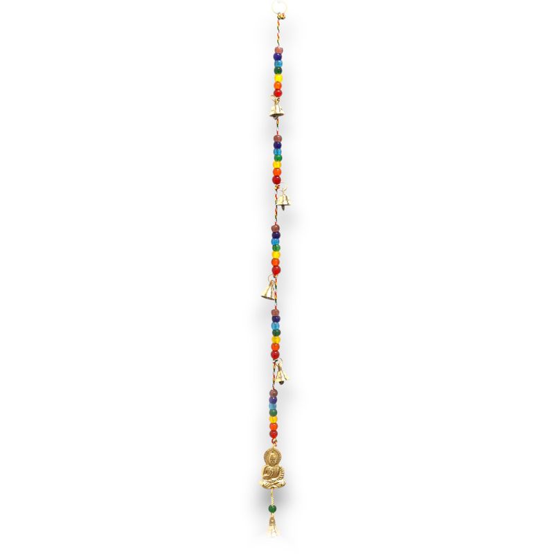 Indisches Glockenspiel – Buddha aus Messing mit Chakra-Perlen, Schnurglocken – 53 cm