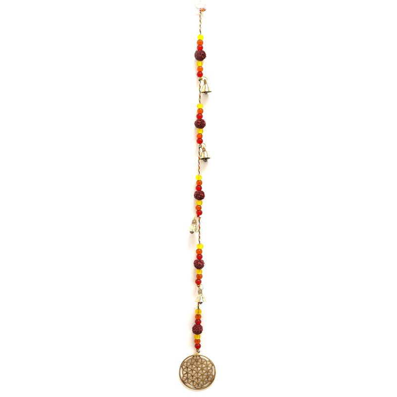 Indisches Glockenspiel - Blume des Lebens aus Messing mit Rudraksha-Perlen, Glöckchen - 6 x 63 cm