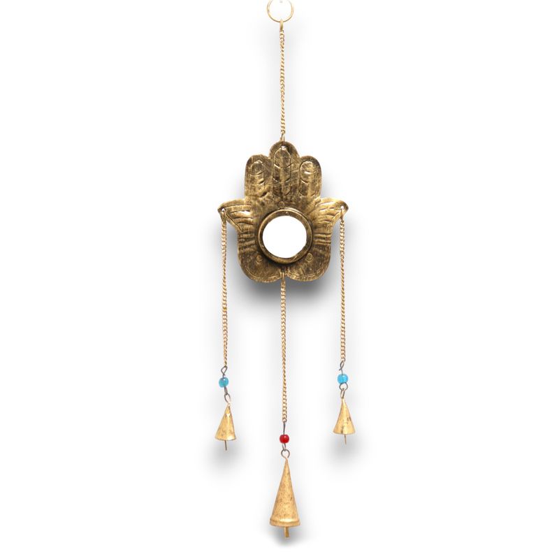 Indisches Glockenspiel - Hamsa Kleiner Spiegel 3 Glocken - 14x55cm