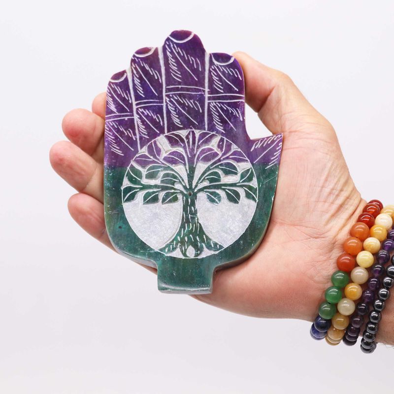 Räucherstäbchenhalter Med Hamsa aus Speckstein 13x9cm - Lebensbaum