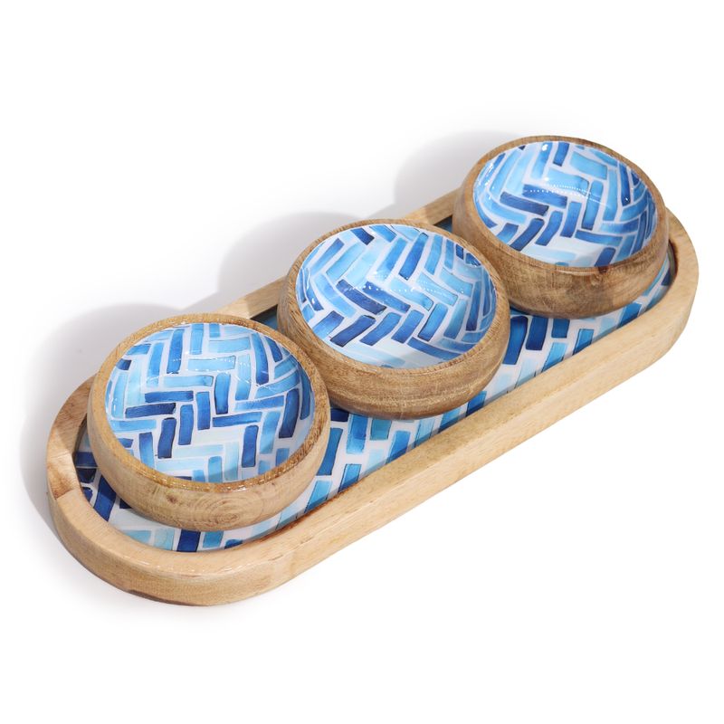 Tablett aus Mangoholz mit 3 Schalen - Blaue Streifen