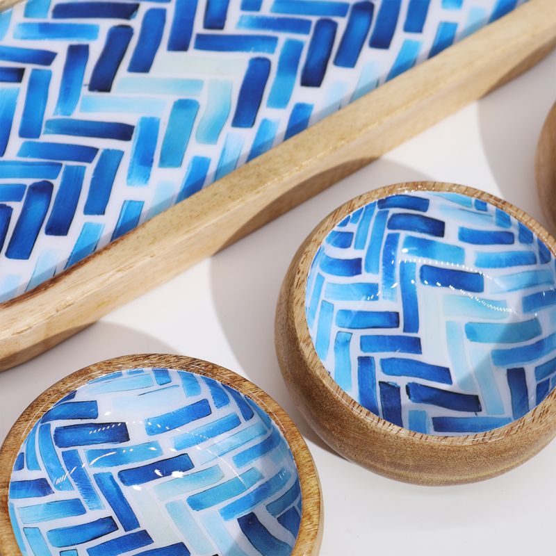 Tablett aus Mangoholz mit 3 Schalen - Blaue Streifen