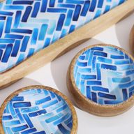 Tablett aus Mangoholz mit 3 Schalen - Blaue Streifen