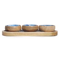 Tablett aus Mangoholz mit 3 Schalen - Blaue Streifen