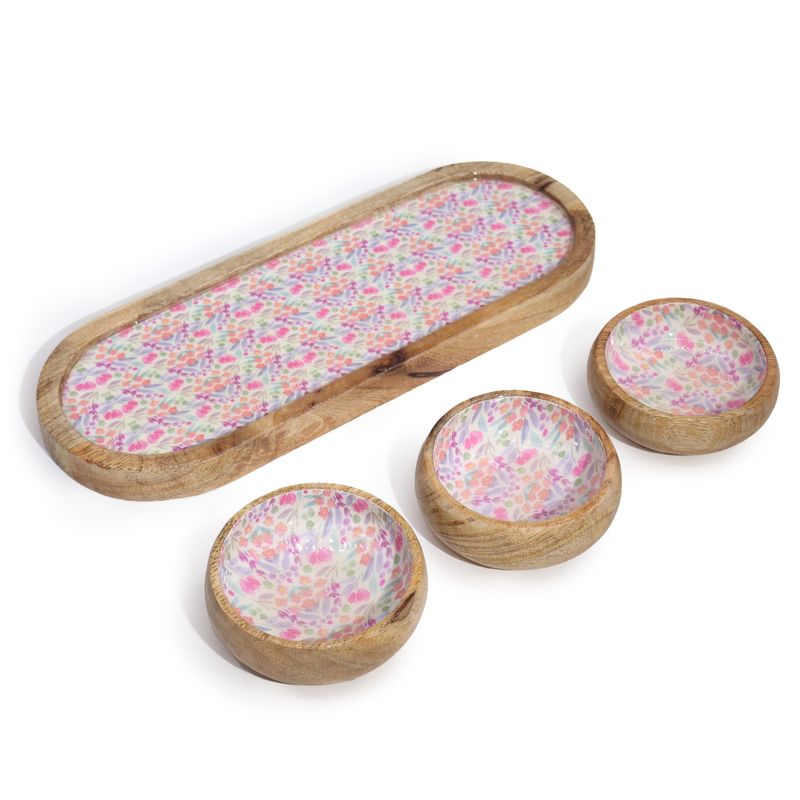 Tablett aus Mangoholz mit 3 Schalen - Pretty Floral
