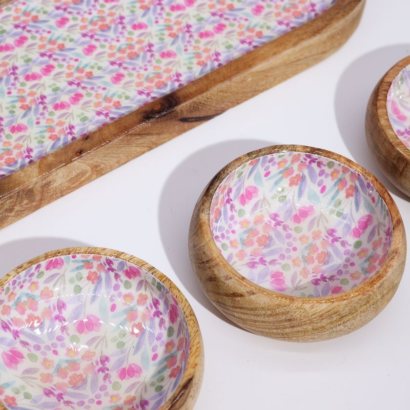 Tablett aus Mangoholz mit 3 Schalen - Pretty Floral