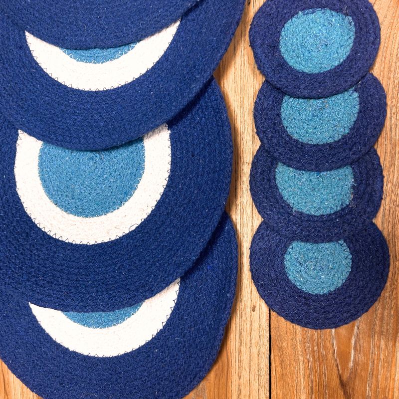 Jute-Untersetzer und Tischset im Set – Schutzauge, jeweils 4 Stück