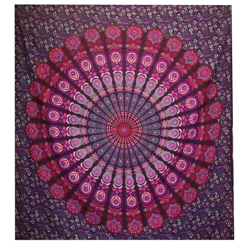 Doppelte Tagesdecke aus Baumwolle + Wandbehang - Pfauen-Mandala - Lila