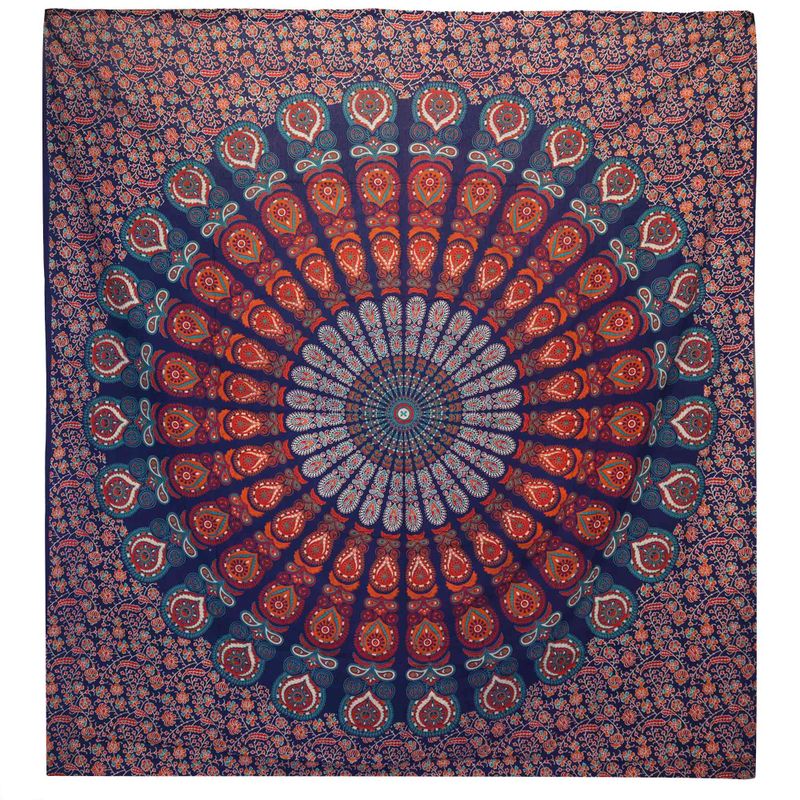 Doppelte Tagesdecke aus Baumwolle + Wandbehang - Pfauenmandala - Blau