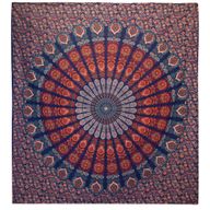 Doppelte Tagesdecke aus Baumwolle + Wandbehang - Pfauenmandala - Blau