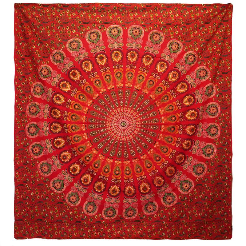 Doppelte Tagesdecke aus Baumwolle + Wandbehang - Pfauenmandala - Rot