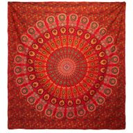 Doppelte Tagesdecke aus Baumwolle + Wandbehang - Pfauenmandala - Rot
