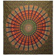 Doppelte Tagesdecke aus Baumwolle + Wandbehang - Pfauenmandala - Grün