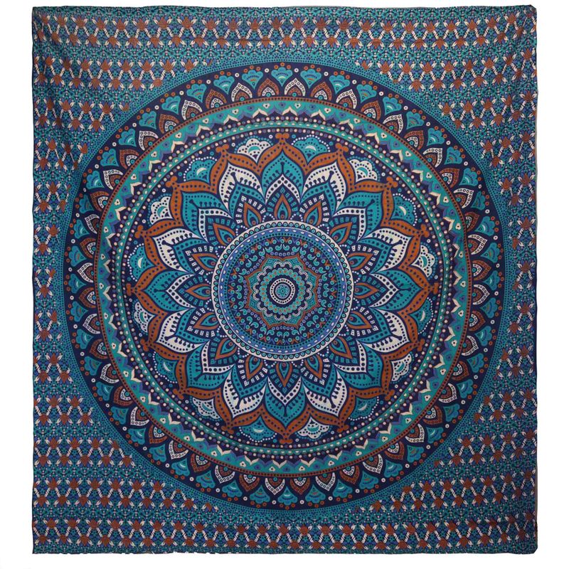 Doppelte Tagesdecke aus Baumwolle + Wandbehang - Klassisches Mandala - Türkis