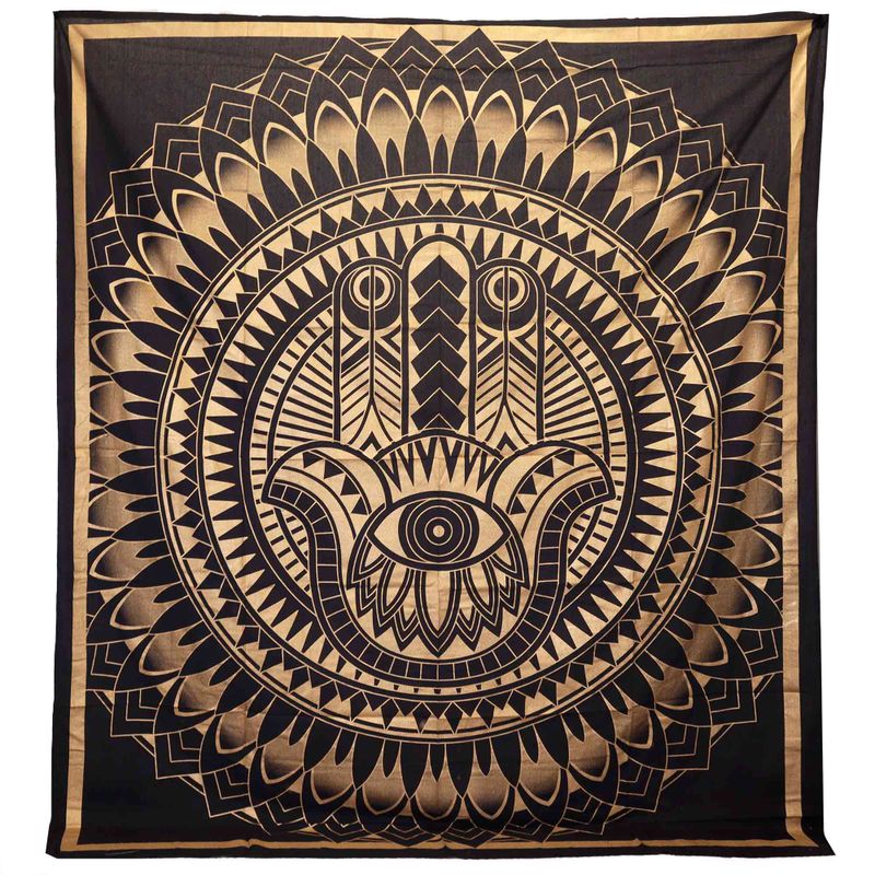 Doppelte Tagesdecke aus Baumwolle + Wandbehang – Hamsa – Schwarzgold