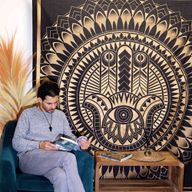 Doppelte Tagesdecke aus Baumwolle + Wandbehang – Hamsa – Schwarzgold