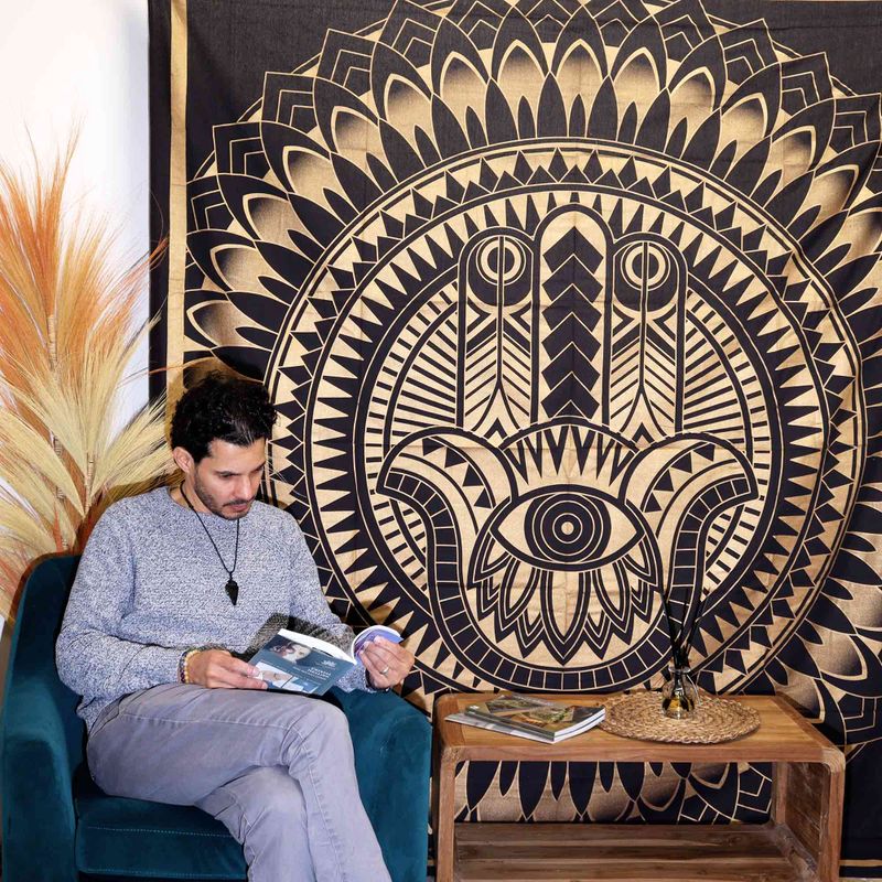 Doppelte Tagesdecke aus Baumwolle + Wandbehang – Hamsa – Schwarzgold