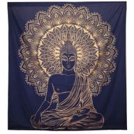 Doppelte Tagesdecke aus Baumwolle + Wandbehang - Buddha - Blau Gold