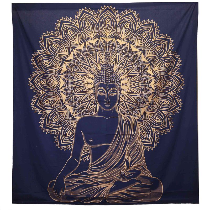 Doppelte Tagesdecke aus Baumwolle + Wandbehang - Buddha - Blau Gold