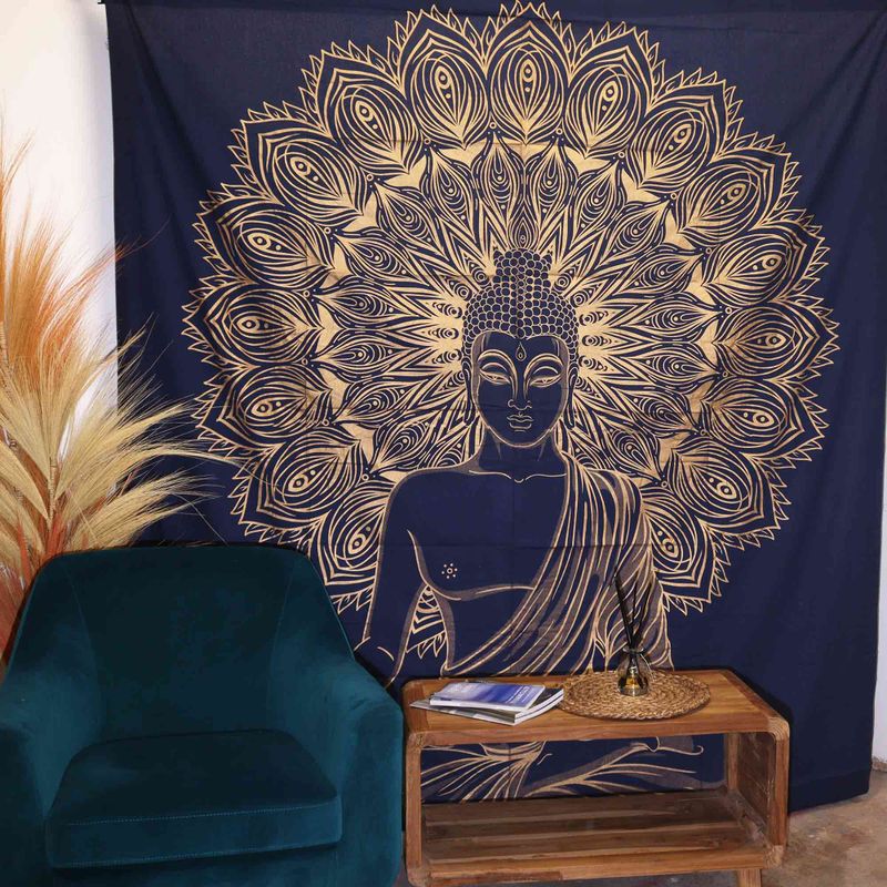 Doppelte Tagesdecke aus Baumwolle + Wandbehang - Buddha - Blau Gold
