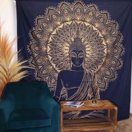 Doppelte Tagesdecke aus Baumwolle + Wandbehang - Buddha - Blau Gold