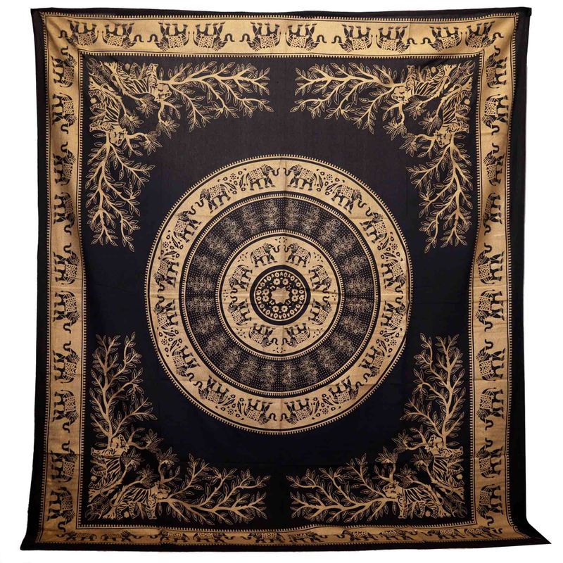 Doppelte Tagesdecke aus Baumwolle + Wandbehang - Elefantendschungel - Schwarzgold
