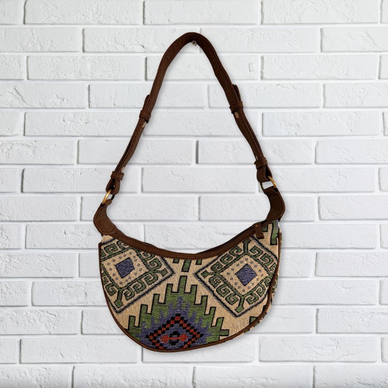 Jacquard-Hobo-Tasche – Geo-Grün (brauner Riemen)