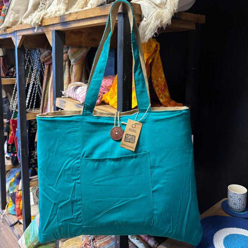 Wendbare große Tasche aus Jute und Baumwolle - Blaugrün (7717C)