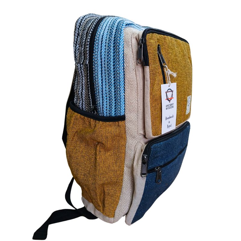 Großer kastenförmiger Rucksack aus Hanf – Blaugrün und Kurkuma