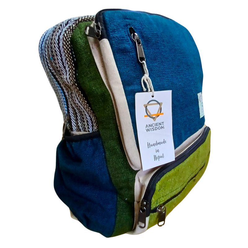 Großer kastenförmiger Rucksack aus Hanf - Blaugrün und Salbeigrün