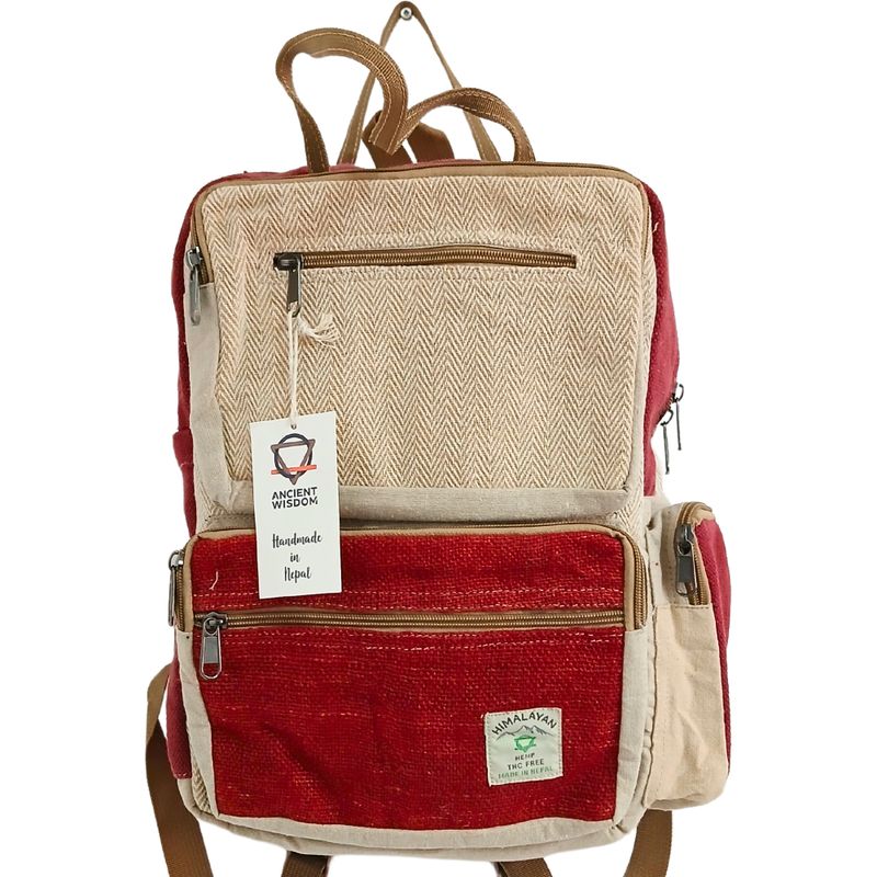 Großer kastenförmiger Hanf-Rucksack - Weinrot & Creme