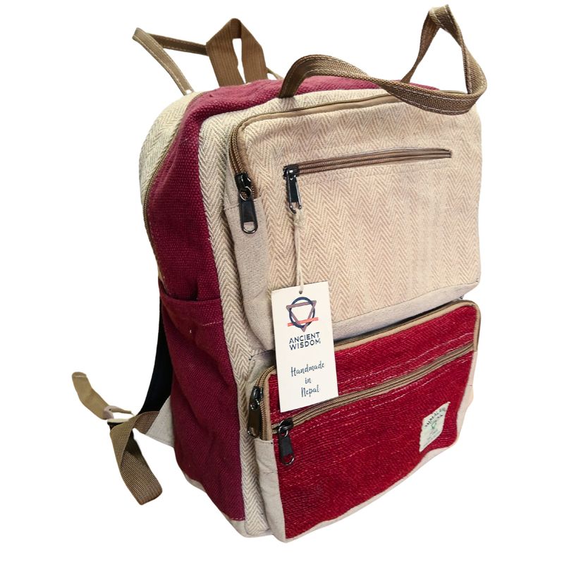 Großer kastenförmiger Hanf-Rucksack - Weinrot & Creme