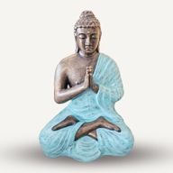 Mittelgroße betende Buddha-Statue in Türkis und Gold – 1,2 m hoch