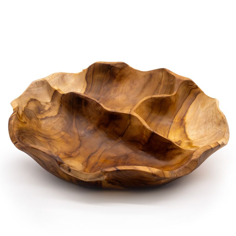 Glatte, runde Obstschale aus Teakholz mit drei Fächern – 30 x 5,5 cm