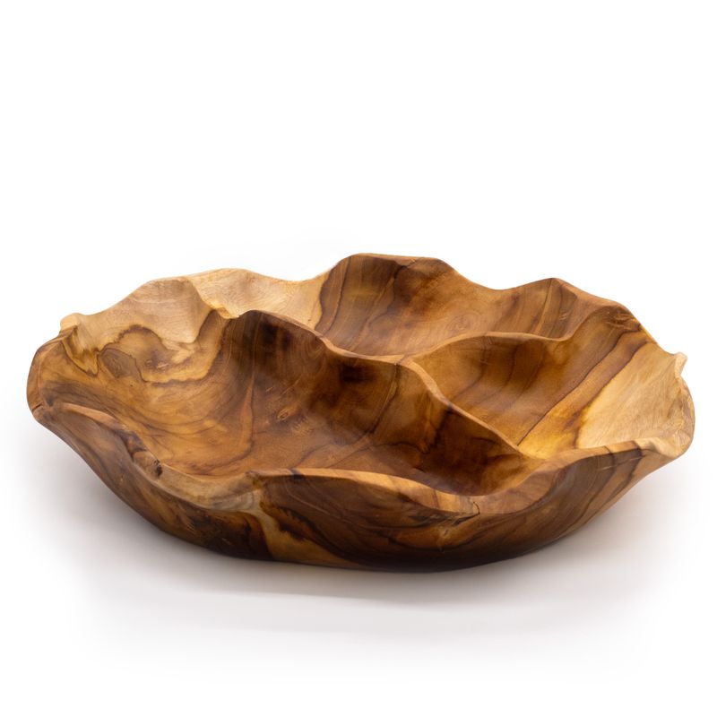 Glatte, runde Obstschale aus Teakholz mit drei Fächern – 30 x 5,5 cm