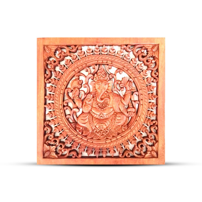 Quadratisches Dekoratives Ganesha -Panel aus Holz, 30 x 30 cm