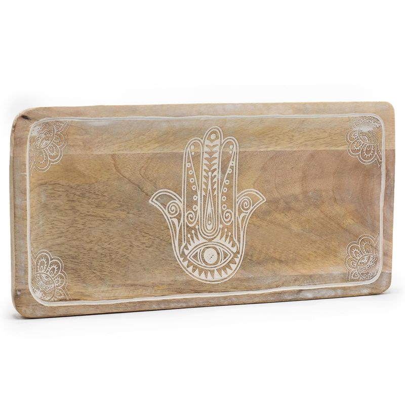 Langes Tablett 30x15x2,5cm - Hamsa Design Whitewash