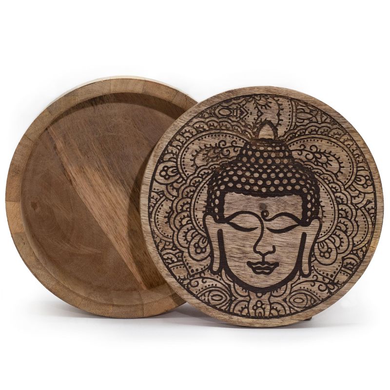 Große runde Box 17,5 x 7,5 cm – Buddha-Gesicht schwarz eingraviert
