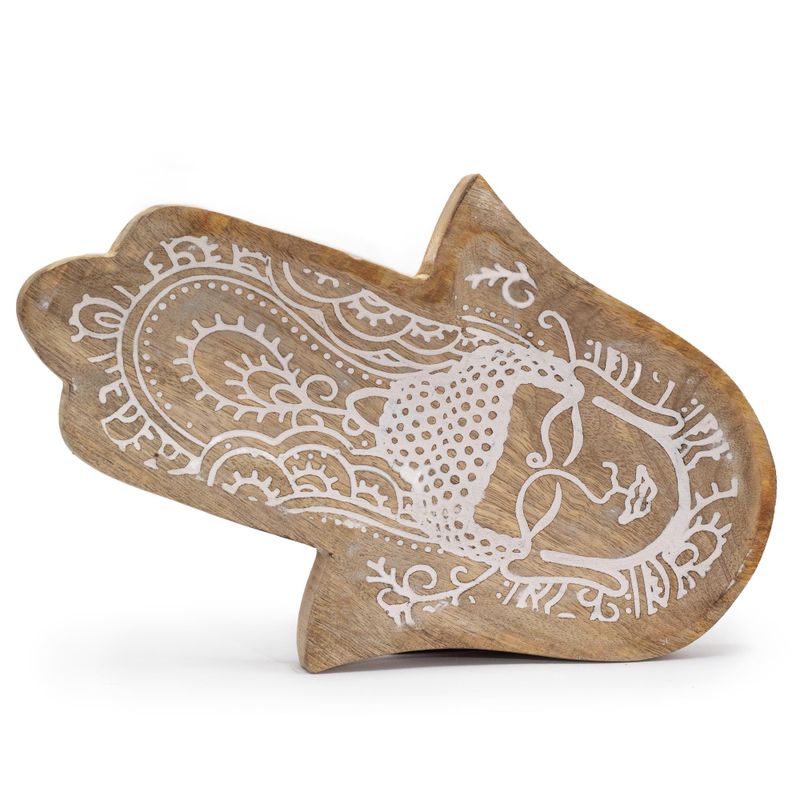 Langes Tablett 30x20,5x2,5cm - Hamsa-Form mit Buddha-Whitewash