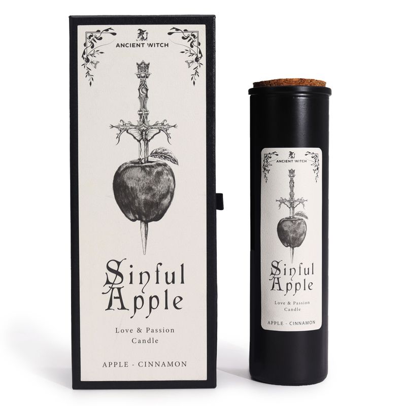 Sündiger Apfel Ritualkerze der alten Hexe und passende Geschenkbox, Frontansicht