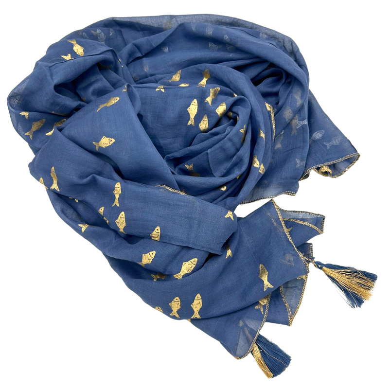 Nomad Sari On the Med Kollektion - Pario -Seeblaues und goldenes Fisch-Design