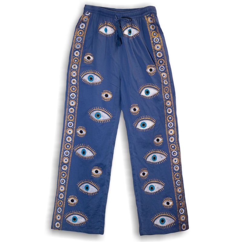 Loungehose - Handgemaltes Evil Eye-Design in sattem Blau und Gold M-L