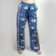 Loungehose - Handgemaltes Evil Eye-Design in sattem Blau und Gold M-L