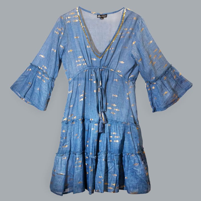 (M-L) Kleid – Seeblau & Goldfisch-Design