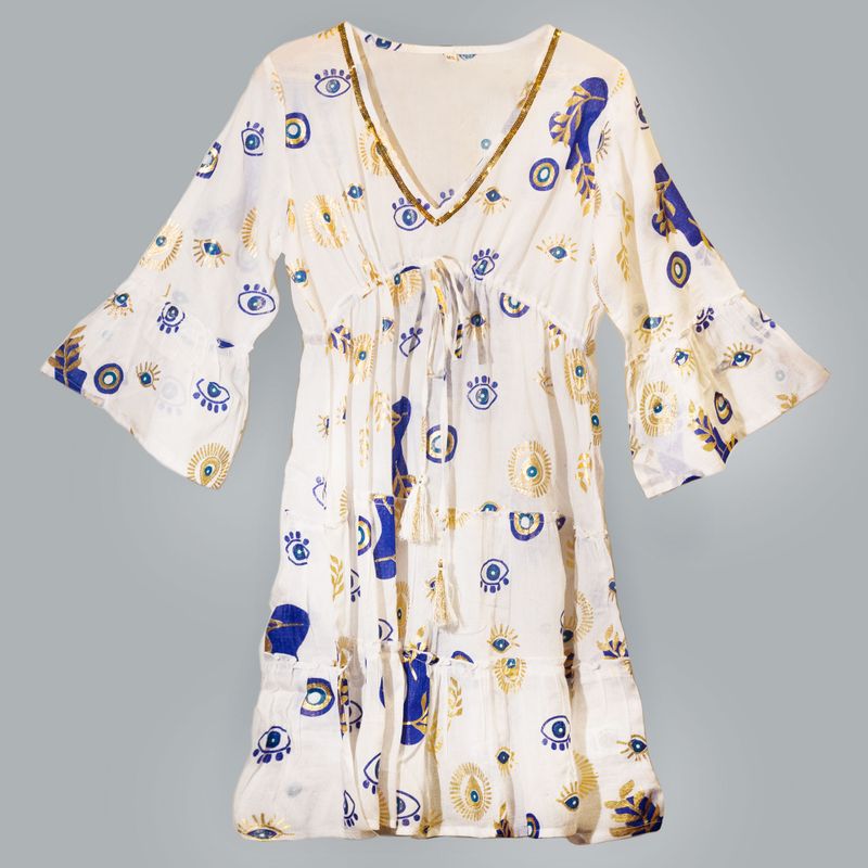 (M-L) Kleid – Weißes, blaues und goldenes Evil-Eye-Design